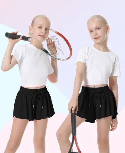 Miniatura 5 de QooNoo Pantalones cortos de mariposa para niñas con bolsillo, pantalones cortos atléticos fluidos de cintura alta para correr para niños