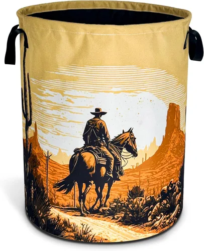 Western Cowboy - Cesta de lavandería plegable de tela Oxford para montar en el desierto, divertida bolsa de lavandería, cesta de almacenamiento de