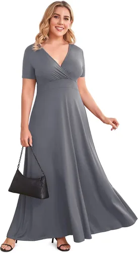 Miniatura 2 de POSESHE - Maxi-vestido de noche para fiesta para mujer con cuello en V y manga corta