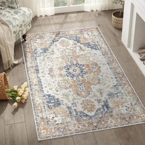 Miniatura 35 de jinchan Alfombra de Área 2x3 pies Alfombra Vintage de Entrada Lavable Bohemia Tapete Interior para Puerta Medallón Floral Tapete Pequeño para Puerta