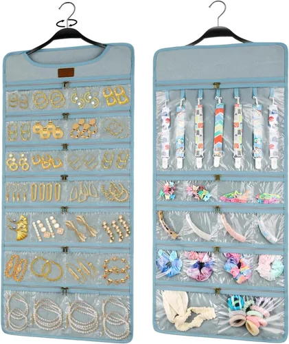 Miniatura 11 de SMRITI Organizador de joyas colgante con bolsillos dobles con cremallera, lona de doble cara giratoria para colgar collares, organizador de pared