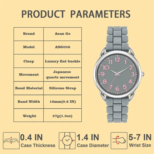 Miniatura 4 de Asan Ge Reloj resistente al agua para mujer, elegante correa de silicona para muñecas de mujer de 5 a 7 pulgadas, esfera de 1.417 in con números