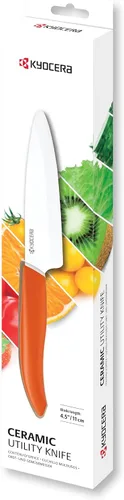 Kyocera Revolution Cuchillo de cerámica utilitario de 4-1/2 pulgadas, mango naranja, hoja blanca