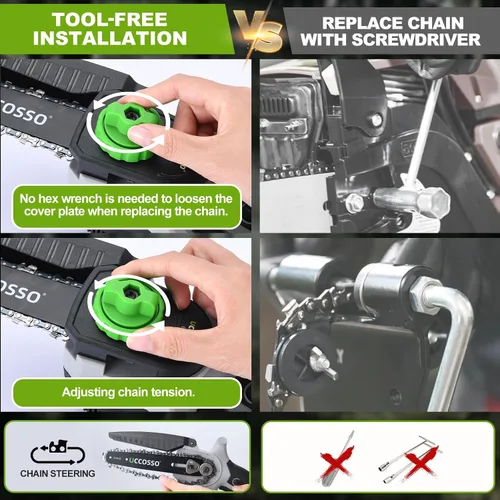 Miniatura 5 de Mini motosierra inalámbrica de 6 pulgadas, motosierra eléctrica con motor fuerte, 2 cadenas incluidas para recortar árboles, corte de ramas, claro