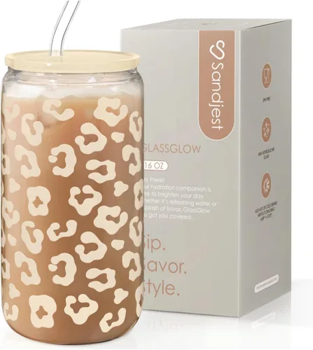 Miniatura 21 de SANDJEST Vaso de Vidrio con Margaritas en Patrón de Tablero de Ajedrez, Taza Floral a Cuadros con Tapa y Pajita, Tazas Estéticas de Café Helado