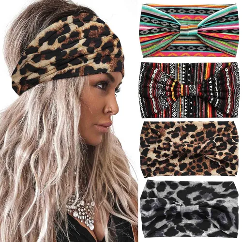 Miniatura 12 de Acenail Diademas anchas para mujer, turbante anudadas, elásticas antideslizantes, bohemias, para entrenamiento, leopardo, yoga, bufandas de algodón
