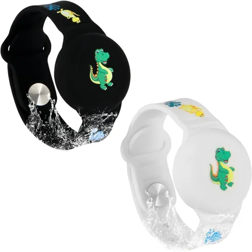 SAVITA 2 pulseras para niños AirTag, con patrón de dibujos animados de dinosaurio, impermeables, ajustables, antipérdidas, antipérdida, para AirTag,