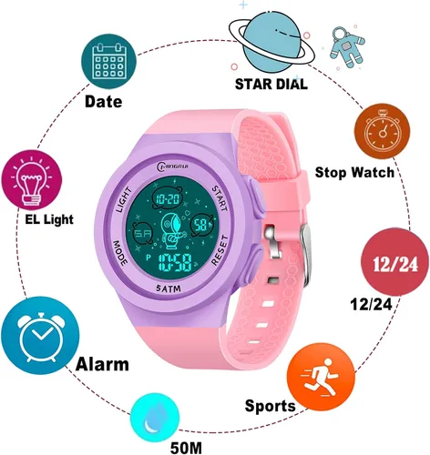 Miniatura 4 de Reloj deportivo digital para niños con correa desmontable LED eléctrico impermeable con alarma cronómetro luminoso para niños de 5 a 12 edades niñas