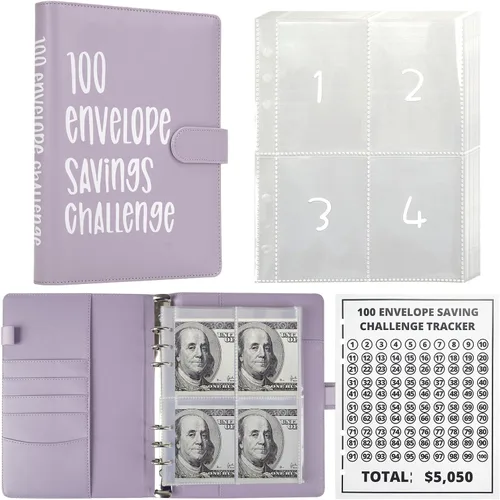 Miniatura 8 de LANBOUY Carpeta de desafíos de ahorro de dinero con 100 sobres, libro de presupuesto con desafío de ahorro en efectivo, carpeta de dinero de 52