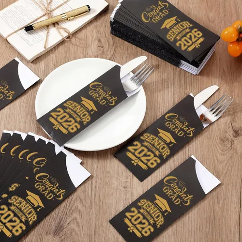 Miniatura 5 de Ireer 100 bolsas de papel para cubiertos de papel, fundas para utensilios de cocina para fiesta de graduación, decoración de mesa de centro de mesa