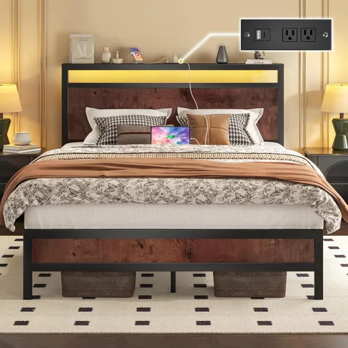 Miniatura 14 de Fluest Base de cama Queen con cabecero y estribo, marco de cama con estación de carga integrada y luz LED, estante de almacenamiento, sin ruido,