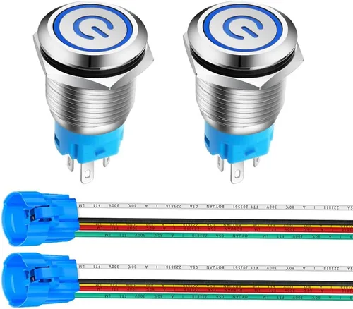 Miniatura 9 de Gebildet 2 piezas Botón de presión de cierre LED azul impermeable 110-230VAC/15Amp 16 mm Interruptor de botón de acero inoxidable impermeable