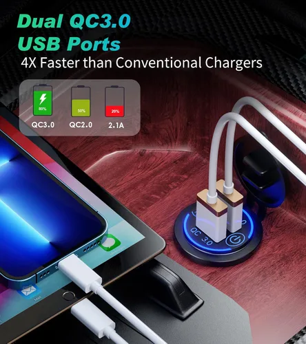 Miniatura 2 de Paquete de 2 enchufes de carga rápida 3.0 con cargador USB dual, toma de corriente USB impermeable de 36 W, carga rápida con interruptor táctil