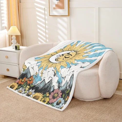 Miniatura 10 de Manta de vellón Kawaii Mushroom Boho – Hippie Groovy Floral Sherpa Queen – 60s 70s Retro Vintage Theme Throw – Chic Daisy Flower Plush Geometric