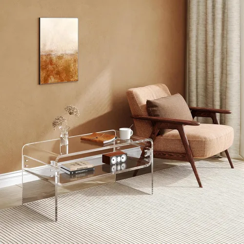 Miniatura 2 de Mesa auxiliar acrílica de 2 niveles, mesa auxiliar con estante de almacenamiento, mesa central moderna para sala de estar, oficina, dormitorio