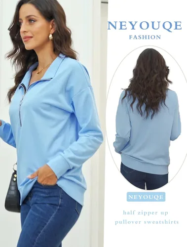 Miniatura 2 de NEYOUQE Sudaderas de moda para otoño e invierno con cremallera de un cuarto, sudadera tipo polo para mujer, casual, a la moda, cuello redondo