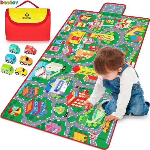 Beetoy - Alfombra de coche de 31.5 x 67 pulgadas, alfombra de juego con carreteras para niños | Portátil, antideslizante, alfombra educativa de