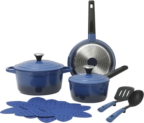 Oster Platinum Amberton juego de 10 piezas de ollas y sartenes de aluminio fundido con revestimiento cerámico antiadherente libre de PFA - Azul