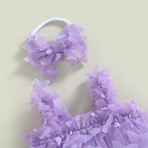 Miniatura 3 de Vestido de princesa para bebé niña 3D de malla de mariposa morada, sin mangas, de tul + diadema