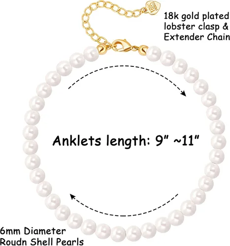 Miniatura 5 de Aobei Pearl Tobilleras de perlas hechas a mano para mujer, pulsera de tobillo ajustable con cuentas blancas para regalo de boda