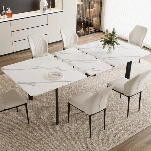 Miniatura 6 de HIPIHOM Juego de mesa de comedor extensible para 6-8 personas, mesa de cocina MDF de 63 a 78.7 pulgadas con 6 sillas tapizadas, ahorro de espacio