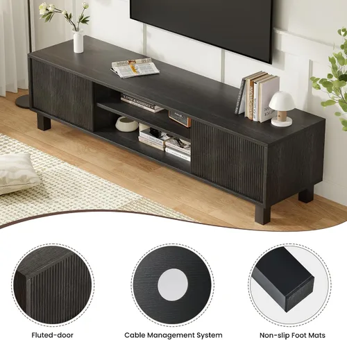 Miniatura 9 de Wood TV Stand for 65+ Inch TV, Boho Television Stand with Natural Rattan Sliding Doors & Adjustable Shelves, Entertainment Center Media Console for
