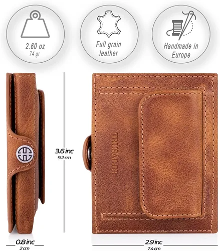 Miniatura 2 de TRUSADOR Valencia Cartera de piel unisex pequeña compacta bolsillo frontal RFID con bolsillo monedero, Coñac, Con bolsillo para monedas