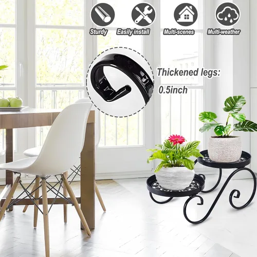 Miniatura 2 de Soporte para Plantas de 2 Niveles Negro, Soporte de Flores de Metal para Interiores y Exteriores, Estante de Plantas de Hierro Antióxido, Soportes