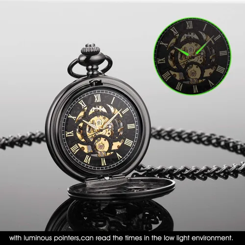 Miniatura 2 de ManChDa Reloj de bolsillo mecánico vintage negro con cadena para hombres + caja