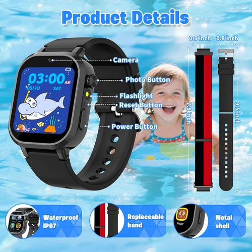 Miniatura 4 de Wiszodet Reloj inteligente impermeable para niños, regalo para niños de 3 a 12 años con 39 juegos, pantalla táctil HD, reproductor de música, cámara
