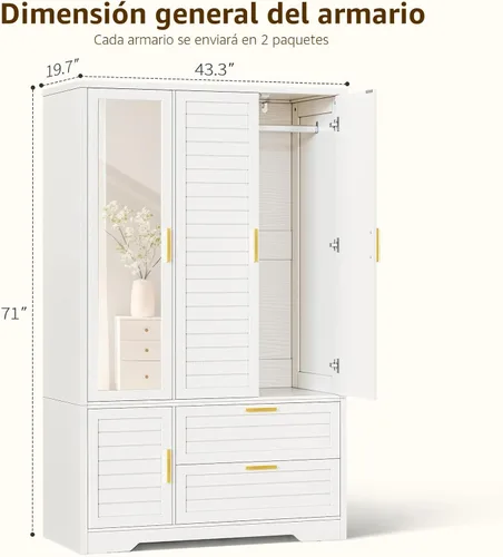 Miniatura 2 de Armario Armario con espejo – Armario de almacenamiento de ropa de madera de 71 pulgadas, Armario con puertas y 2 cajones, Armarios independientes