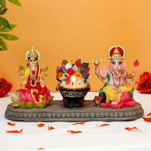 BangBangDa Lakshmi - Estatua de Ganesha con Diya – 4.1 pulgadas de alto, diosa hindú de Polystone Laxmi e ídolo Ganesa para Diwali/Año
