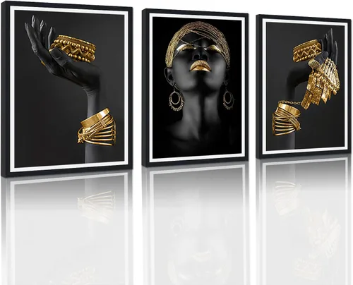 Miniatura 106 de MAMAGO Lienzo decorativo para pared, pintura de belleza dorada y negra, fotos de mujeres africanas, hermosos pósteres de mujer negra, impresiones