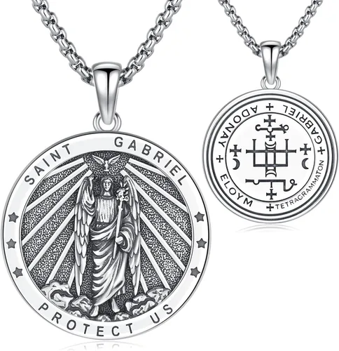 Miniatura 9 de Odinstone Collar de plata de ley 925 con medalla de San Miguel/San Cristóbal/San Benito/Crucifijo de Jesús/San Uriel/Arcángel Rafael para hombres