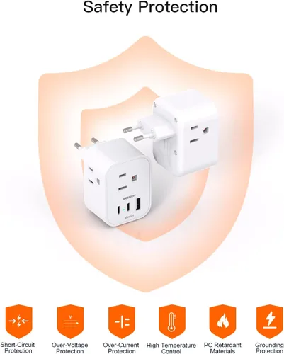 Miniatura 7 de Paquete de 2: adaptador de enchufe de viaje europeo, adaptador de enchufe de alimentación internacional BESHON con 3 tomas, 3 puertos USB (2 USB C)