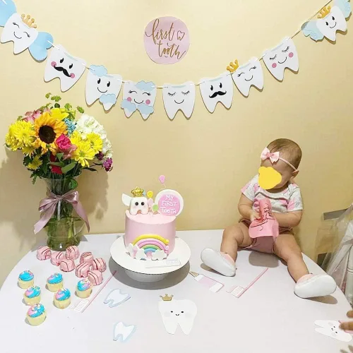 Miniatura 4 de Aduck Guirnalda de fiesta de primer diente, 10 recortes únicos de personajes dentales, decoraciones temáticas de hadas de dientes para niños