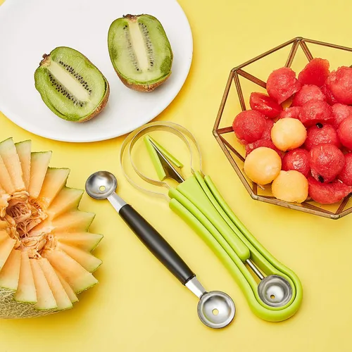 Miniatura 7 de Patelai Juego de 2 cucharas de melón Baller 4 en 1, cortadores de frutas de acero inoxidable, cuchara de sandía de doble punta y bola de helado