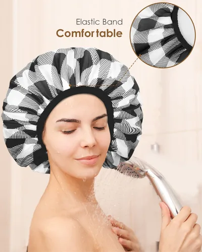 Miniatura 6 de Auban Gorro de ducha, gorro de ducha para mujer, forro de tela de rizo, EVA, exterior, reutilizable, doble capa, impermeable, gorra de baño grande