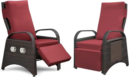 Miniatura 8 de Skypatio Silla reclinable de mimbre para exteriores con mesa auxiliar, respaldo ajustable independientemente y reposapiés, silla reclinable para Rojo