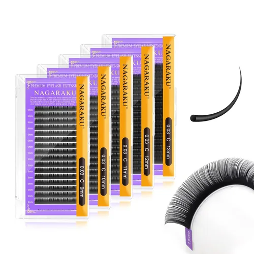 Miniatura 203 de NAGARAKU Extensiones de pestañas, pestañas individuales, 0.05mm, rizo D, 15mm, clásico, negro mate, suave, natural, profesional, 16 filas, 0.05-D