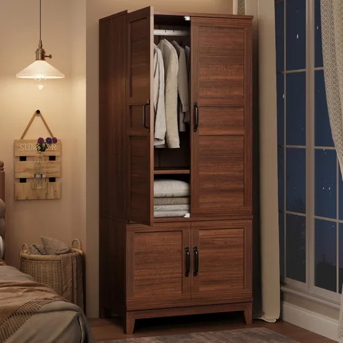 GarveeHome Armario de 72 pulgadas de alto con 4 puertas, armario grande de madera con barra para colgar y estantes ajustables, armario de