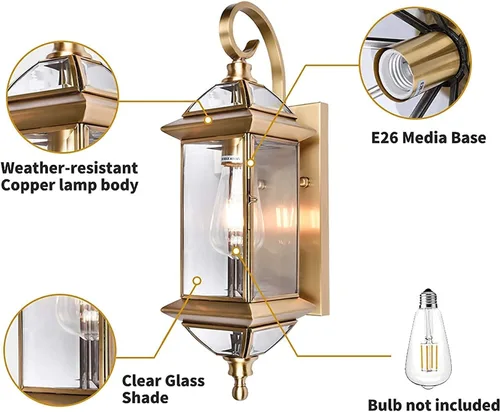Miniatura 5 de Milaii Lámpara de pared para exteriores con vidrio transparente, impermeable, latón aceitado de 18.5 pulgadas, luces de montaje en pared de cobre