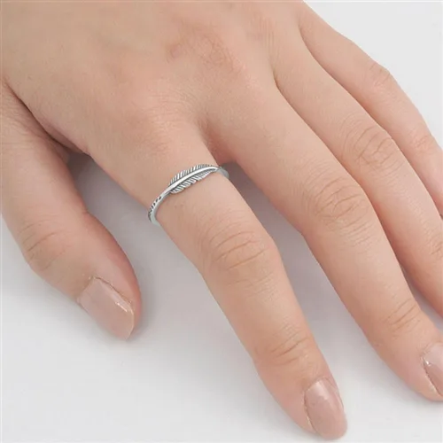 Miniatura 2 de Anillo de plumas de moda de hoja oxidada, anillo de plata de ley 925, tamaño 3-12, Metal, Sin piedras preciosas