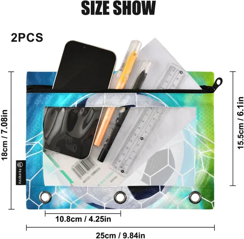 Miniatura 3 de Estuche para lápices de fútbol de fútbol en campo para carpeta de 3 anillas, paquete de 2 bolsas impermeables para lápices, estuche transparente