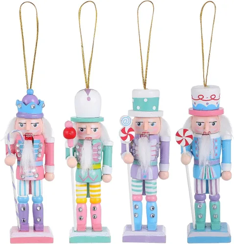 Miniatura 9 de Amosfun 4 adornos de cascanueces de madera – 4.7 in de alto soldado cascanueces figuras pastel cascanueces adorno colgante de árbol
