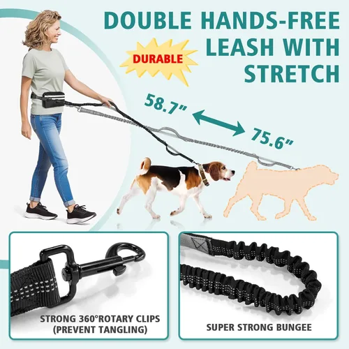 Miniatura 5 de Correa doble para perros con cierre de seguridad, bolsa de cintura para 2 perros Extra-Thick Shock Absorbing Waist Belt, for Dog Walking Running