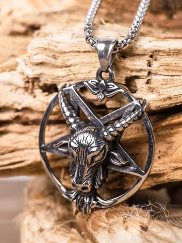 Miniatura 3 de HAQUIL Collar de Baphomet de acero inoxidable colgante de cabra sabbatic invertido cadena de caja