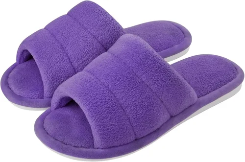 Miniatura 2 de shevalues Pantuflas de tela de rizo con punta abierta para mujer, pantuflas de espuma viscoelástica
