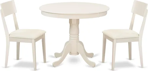 East West Furniture ANAD3-LWH-LC - Juego de mesa y sillas de cocina de 3 piezas contiene una mesa de comedor redonda con pedestal y 2 sillas de