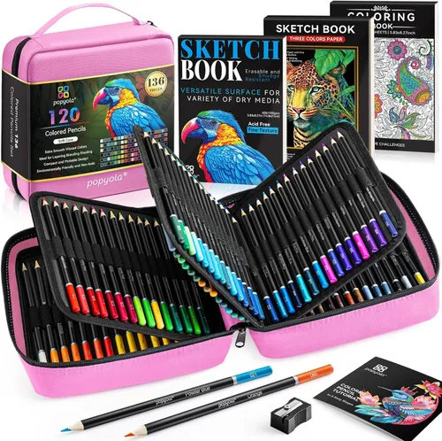 Juego de 136 lápices de colores para libros de colorear para adultos, 120 lápices de colores con cuaderno de bocetos, libro de colorear, sacapuntas,